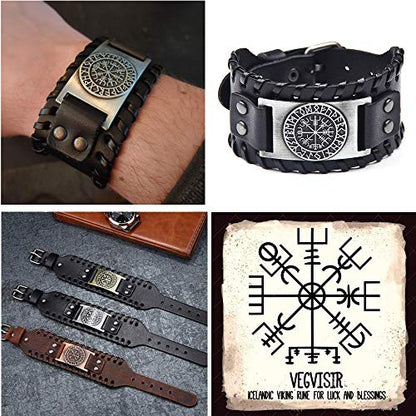 GelConnie Viking Bracelet Punk Leather Cuff Bracelet Gothic Leather Wristband Bracelet with Nordic Amulet Scandinavian Talisman Celtic Pagan Jewelry - color: Black Compass