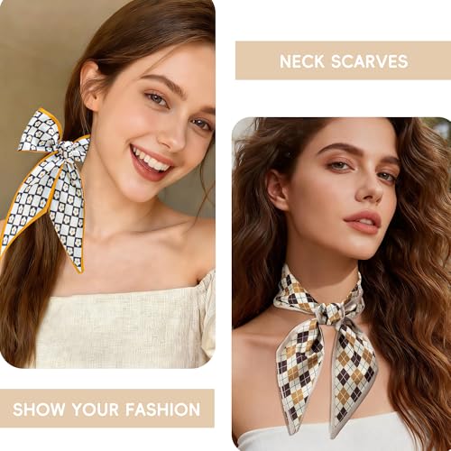 ZXZH 6 Pack Fashion Scarves for Women, Versatile Boho Head Scarf | Satin Scarf for Hair, Neck, Wrist, and Purse Accessories - color: Beige & Brown Geometric Mix