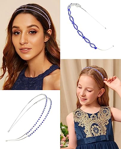 Wecoe Royal Blue Rhinestone Headband Flower Girl Wedding Headpiece Crystal Metal Headbands for Women Fashion Hairband Gifts 4 Pack - color: Silver band & royal blue rhinestones
