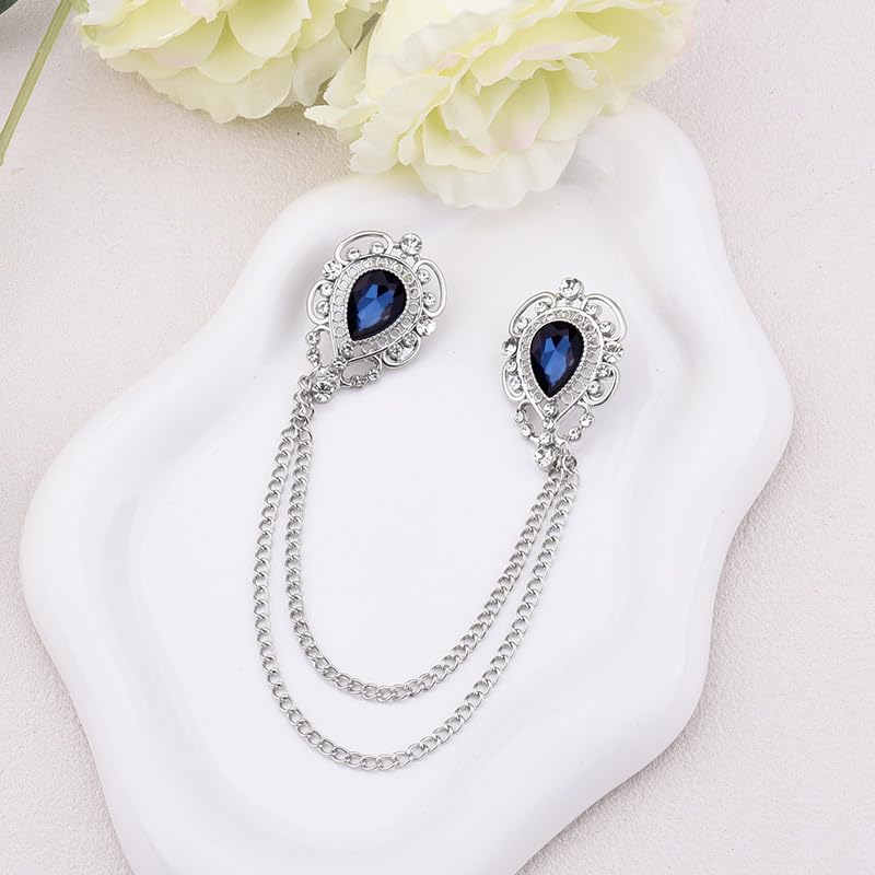 Teardrop Rhinestone Brooch Mens Lapel Pins for Shirt Collar Hanging Chain Brooch Suit Pin Crystal Rhinestone Lapel Pins for Men - color: Blue-J