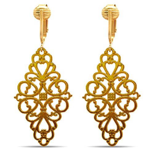 Gold Tone Non Pierced Clip On Dangling Earrings - style: Victorian Filigree