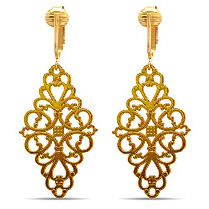 Gold Tone Non Pierced Clip On Dangling Earrings - style: Victorian Filigree