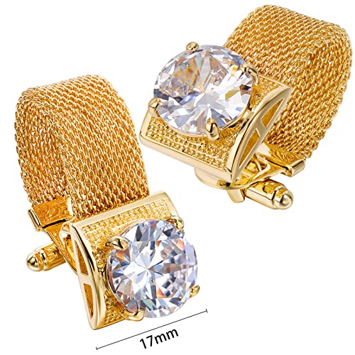 HAWSON Mens Cufflinks with Chain - Stone and Shiny Gold Tone Shirt Accessories - Party Gifts for Young Men - color: 24K Gold Color+White Crystal