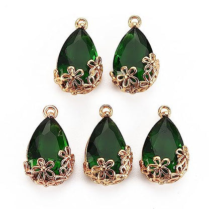 FASHEWELRY 50Pcs Faceted Teardrop Glass Charms Transparent Crystal Drop Pendants with Light Gold Brass Flower Setting for DIY Bracelet Necklace Earring Jewelry Craft Making - color: Green