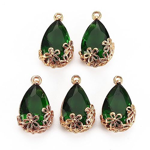 FASHEWELRY 50Pcs Faceted Teardrop Glass Charms Transparent Crystal Drop Pendants with Light Gold Brass Flower Setting for DIY Bracelet Necklace Earring Jewelry Craft Making - color: Green
