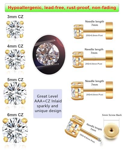 Stainless Steel Stud and Hoop Earrings Sets for Ear Stacks | Choose gold or silver pearl studs, CZ studs, flat backs, butterfly backs, hoops and multi-pair ear stack sets. - color: 4 Pairs Gold-Flat Back
