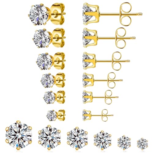 Ringcal Stainless Steel Stud Earrings Set Hypoallergenic Cubic Zirconia 14K White Gold CZ Earrings for Women - color: Gold-6Pairs-3 4 5 6 7 8mm