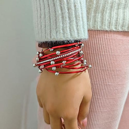 ZMANYIJEW Leather Wrap Bracelets for Women,Boho Cuff Bracelets Multi-Layer Crystal Beads Cuff Bracelet Multilayered Leopard Leather Braided Bangle Wrist Cuff Bangles - style: bead--red
