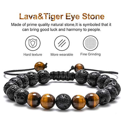 M MOOHAM Mens Bracelet - Beaded Natural Stone 8mm Tiger Eye Matte Agate Lava Rock Bracelets for Men Teen Boys Grandpa Dad Birthday Gifts Jewelry - style: "Lava Rock&Yellow Blue Tiger Eye Bracelets