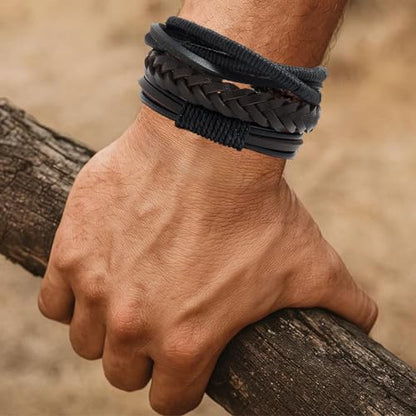 36Pcs Braided Leather Bracelets for Men Women Wrap Wood Beads Cuff Bracelet Hemp Cords Ethnic Tribal Handmade Wrap Wristband Bracelets Set Adjustable