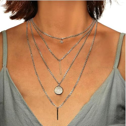 Layered Necklace Pendant Handmade Dainty Choker Bar Layering Long Necklace for Women(Silver) - color: Silver Star