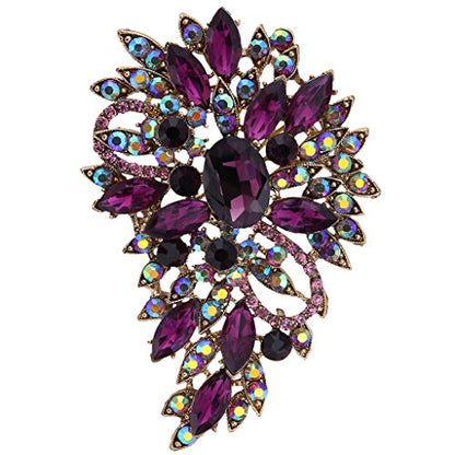 EVER FAITH Women's Austrian Crystal Wedding Flower Leaf Bouquet Brooch - color: Purple