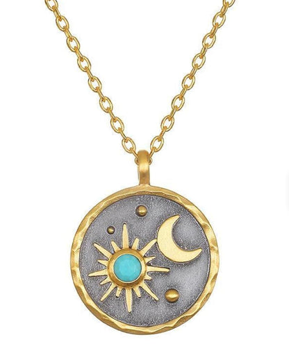 Gold Sun Moon and Stars Pendant Necklace with Birthstone Crystals as Center of Sun, Two-Tone Stainless Steel, Celestial Theme, Astrology Gift for Women, 16-20 Inch Adjustable Cable Chain - color: December Turquoise