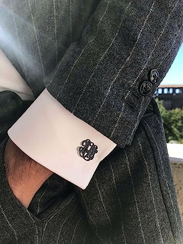 FindChic Stainless Steel Round Cufflinks with Custom Text/Picture/Monogram Letters 18K Gold Plated/Black Color for Men Groom Suits Shirts, with Gift Box - style: 04. custom 3 monograms (black)