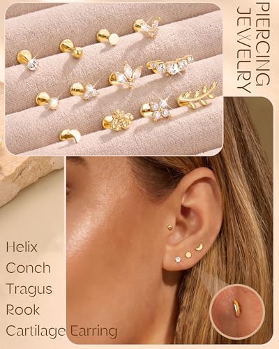 Fansilver 14K Gold Plated Threadless Flat Back Earrings for Women Men | 316L Surgical Steel Push in Nose Piercings Lip Rings,CZ Nostril Helix Conch Medusa Tragus Piercing Jewelry,16/18/20G,6/8mm - color: Gold Plated, size: 20G:8mm