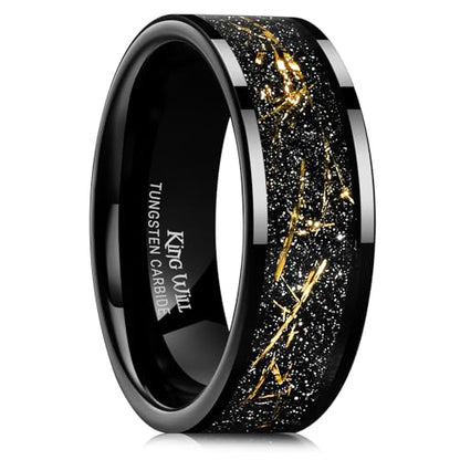 King Will Mens Wedding Band with Foils Inlay, Black/Silver/Gold Beveled Edge Glowstone Ring, 6mm/8mm Tungsten Carbide Rings Comfort Fit - color: Pipe Cut-Black&Gold-8mm