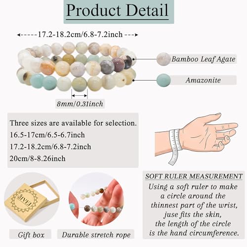 Bivei Natural Crystals Gemstone Healing Stretchy Round Beaded Bracelet | 8MM Semi Precious Beads Bracelet, Handmade Spiritual Jewelry Gift for Women Men,Enhance Positive Energy - color: 8mm Bamboo Leaf Agate & Amazonite (Good Luck), size: Large: 8-8.26 in