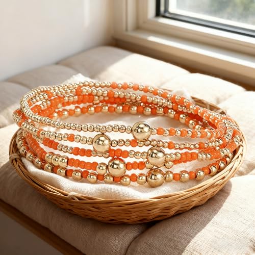 Gold Small Ball Seed Bead Stackable Bracelets Set For Women, Stretch Accessories Handmade Dainty, Daily Party Friendship Gift - color: Orange