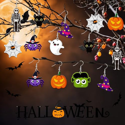 8 Pairs Halloween Acrylic Earrings for Women Spooky Dangle Jewelry | Pumpkin Spider Ghost Witch Hat Earrings, Halloween Jewelry Gifts Party Accessories, Lightweight Acrylic, Double Side - style: Halloween A