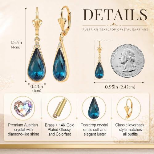 Teardrop Austrian Crystal Leverback Dangle Drop Earrings for Women | 14K Gold Plated,Classic Teardrop Elegance,Leverback for Easy Secure Wear,Gift Box Included, Brighten Up Daily and Party Looks - color: Dark Blue