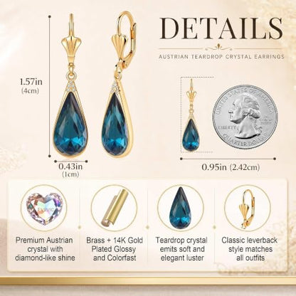 Teardrop Austrian Crystal Leverback Dangle Drop Earrings for Women | 14K Gold Plated,Classic Teardrop Elegance,Leverback for Easy Secure Wear,Gift Box Included, Brighten Up Daily and Party Looks - color: Dark Blue