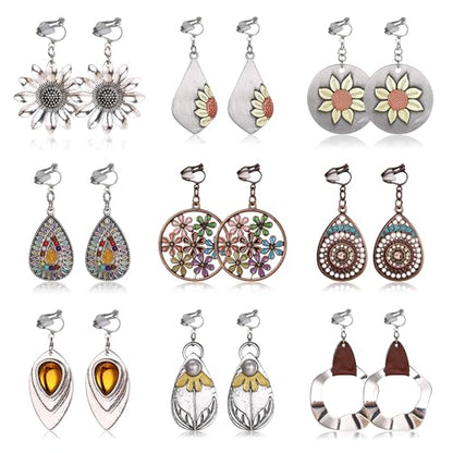 THUNARAZ Clip on Dangle Earrings for Women Trendy, Bohemian Earrings Set | 9 Pairs Non-Pierced Earrings, Lightweight Comfortable Earrings, Bohemian Drop Clip on Earrings, Hypoallergenic Earrings Set - style: Style B