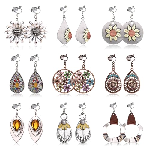 THUNARAZ Clip on Dangle Earrings for Women Trendy, Bohemian Earrings Set | 9 Pairs Non-Pierced Earrings, Lightweight Comfortable Earrings, Bohemian Drop Clip on Earrings, Hypoallergenic Earrings Set - style: Style B