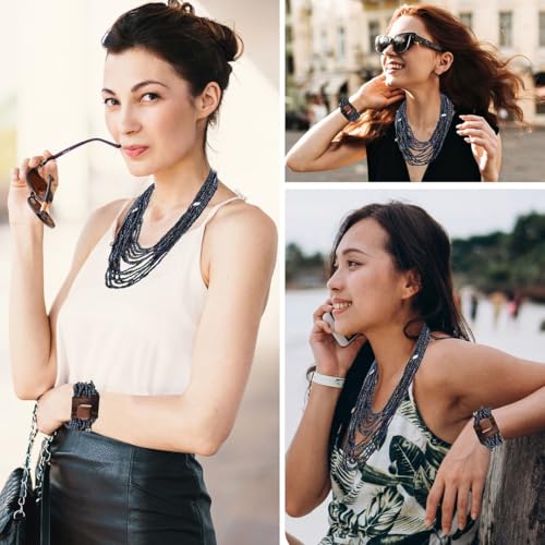 Shop LC Seed Bead Necklace Bracelet Set Boho Jewelry for Women | Multi Layered Boho, Wooden Clasp, 18 Inch Necklace, Stretchable Bracelet - color: Peacock