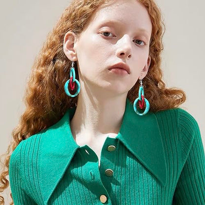 Bohemian Simplicity Acrylic Geometry Oval Circle Dangle Drop Earrings Lightweight Resin Chain Hook Earrings For Women - color: Blue Red