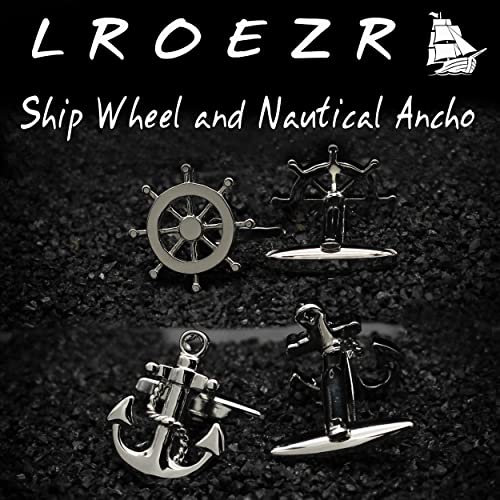 Cufflinks for Men Ship Wheel and Nautical Anchor Stainless Steel Shirt Accessories Unique Wedding Business Cuff Links for Mens Jewelry with Gift Box, 2 Pairs