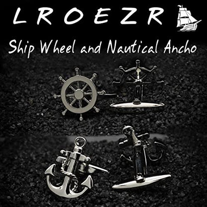 Cufflinks for Men Ship Wheel and Nautical Anchor Stainless Steel Shirt Accessories Unique Wedding Business Cuff Links for Mens Jewelry with Gift Box, 2 Pairs
