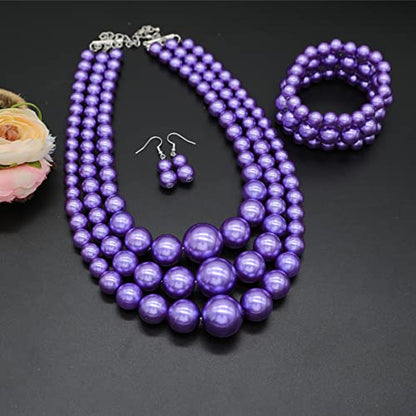 Big Chunky Pearl Necklace and Earrings Set Large Costume 1920s Faux Pearls Gatsby Accessories - color: Purple Pearl Necklace set