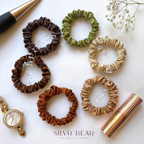 SILVR BEAR Luxury Satin Scrunchies, Soft Skinny Ponytail Holders for Thin Hair, Women, Girls and Men, Softer than Silk, 6 Pack (Earthy Skinny) - color: Earthy Skinny
