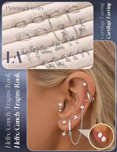 LOLIAS Hypoallergenic Gold Threadless Flat Back Stud Earrings for Women | 20G 18G 16G Surgical Steel Earrings Push in Nose Studs CZ Cartilage Earring Set Labret Helix Tragus Conch Piercing Jewelry - color: Silver, size: 16G(1.2MM)-CZ