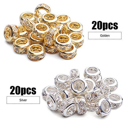 Large Hole Rhinestone Spacer Beads, 40pcs 10mm Crystal Pave Brass Rondelle Beads Fit European Bracelet Snake Chain Jewelry DIY - color: Gold&Silver, size: 10MM