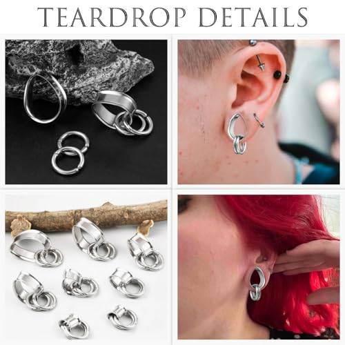 2 Pairs Stainless Steel Ear Plugs Tunnels Set with 2 Stacked Rings, Round & Teardrop Gauges for Ears, Hypoallergenic Surgical Steel Ear Stretcher Expander Body Jewelry - color: Silver, size: 16mm(5/8 inch)
