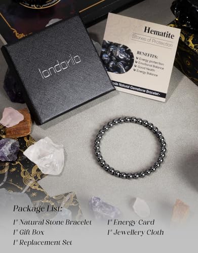 Natural Stone Beaded Bracelets for Men Women, 4mm 6mm 8mm | Healing Crystal, Protection Gemstone, Gift Packaging with Energy Card, Stretch Jewelry, Replacement Beads Included, 18 Stone - color: Hematite(Protection & Stabilization), size: 6mm
