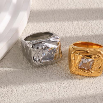 Fashion Square CZ Chunky Statement Ring for Women Size 7 | Stainless Steel, Hammered Textured, Rough, Geometric Crystal, Wide Stacking, Wedding Engagement Eternity Band, Dainty Jewelry - color: Gold