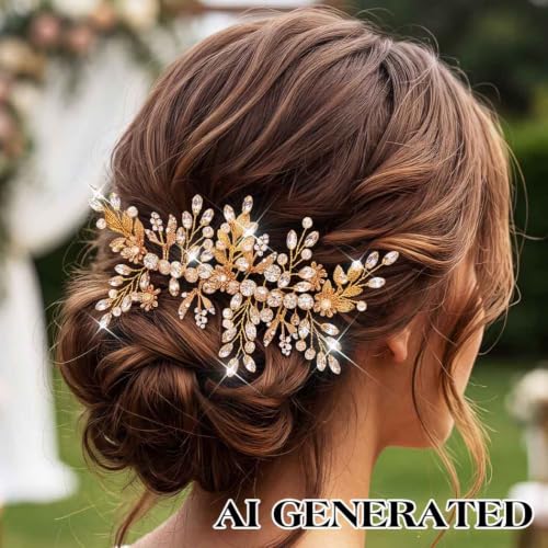 Evild Rhinestone Wedding Hair Comb Leaf Bead Bride Headpieces Hair Clip Crystal Bridal Headdress Flower Wedding Hair Accessories for Brides and Bridesmaids (Gold) - color: Gold