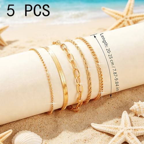 BODIY Plated Gold Ankle Bracelets for Women Cuban Link bracelet Layered Ankle Chains Boho Stainless Steel Anklet Summer Beach Foot Jewelry Gift Adjustable Size 5PCS
