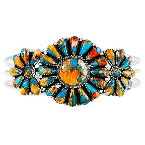 Southwest Style Genuine Gemstones 925 Sterling Silver Cluster Bracelet - color: Spiny Turquoise