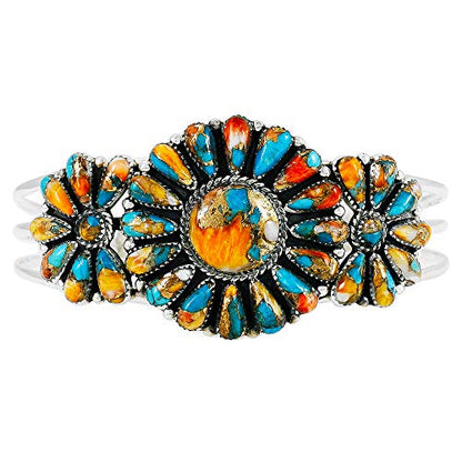 Southwest Style Genuine Gemstones 925 Sterling Silver Cluster Bracelet - color: Spiny Turquoise