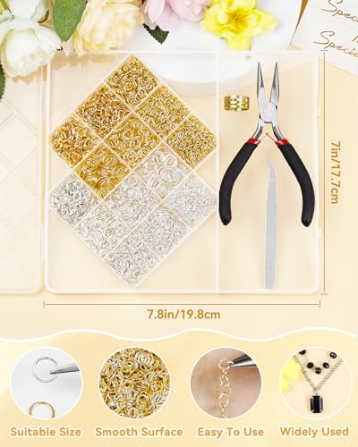 FIVEIZERO 2400PCS Jump Rings Kit for Jewelry Making and Craft Supplies ﻿﻿ ﻿ | Gold/Silver Jump Rings,Lobster Clasps & Tools-Pliers,Tweezer,Opener;2400pcs Sufficient Quantity；4/5/6/8/10mm Jump Rings；﻿﻿