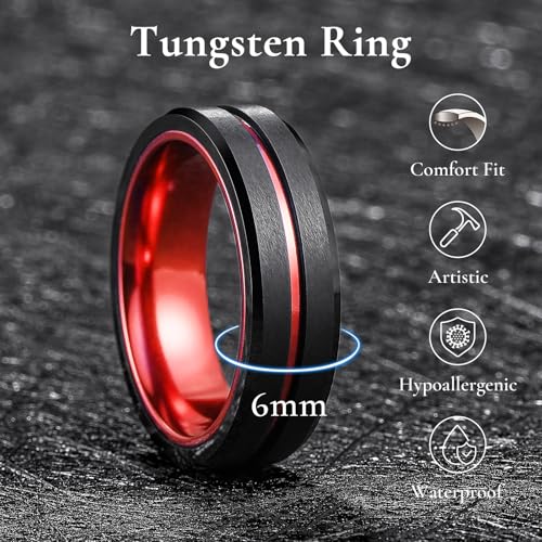 King Will Mens Tungsten Rings for Men Two Tone Grooved Mens Wedding Band Cool - color: Red & Black 6mm