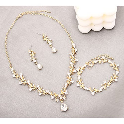 3Pcs Austrian Crystal Jewelry Set for Women, Necklace Dangle Earrings Link Bracelet Jewelry Set with Gold/Platinum/Gun Plated, Wedding Party Jewelry for Bridal Bridesmaid - color: White-Gold Plated