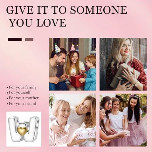 A~Z Alphabet Charm Letter Beads 925 Sterling Silver with Heart-shaped 5A Cubic Zircon Stones fits Pandora European Bracelets Necklace Jewelry Gift for Women - style: W Letter Charms