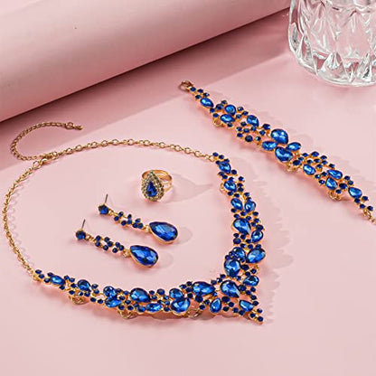 Paxuan Crystal Bridal Wedding Jewelry Sets for Women Rhinestone Teardrop Crystal Statement Choker Necklace Drop Earrings Link Bracelets Rings Teardrop Jewelry Set for Brides Bridesmaids - color: Blue