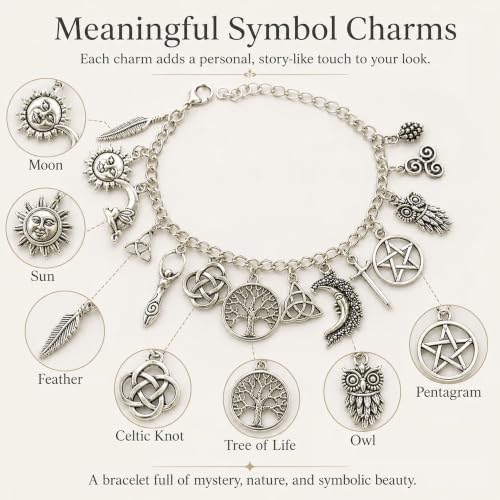 Vintage Witchy Charm Bracelet,Gothic Boho Jewelry for Women with 7 pendant, Adjustable Lobster Clasp,Meaningful Gift for Witchy, Boho Style Lovers