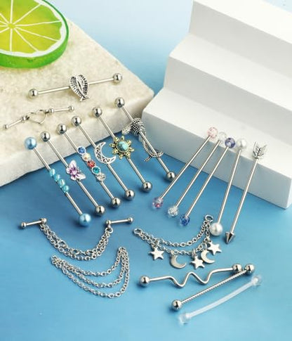 TIANCI FBYJS 7-16pcs 14G Stainless Steel Industrial Piercing Barbell Earring Cartilage Body Jewelry 38mm 1&1/2 Inch Industrial Piercing Bar for Women Men Snake Chain Dangle - color: mix 16pcs