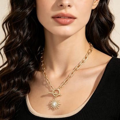 DoreenBeads 18K Gold Sun Moon Star Compass Pendant Necklace | Chunky Toggle Paperclip Chain Necklace with Heart Daisy Bee Charms for Women Girls 20 Inches - color: Sun